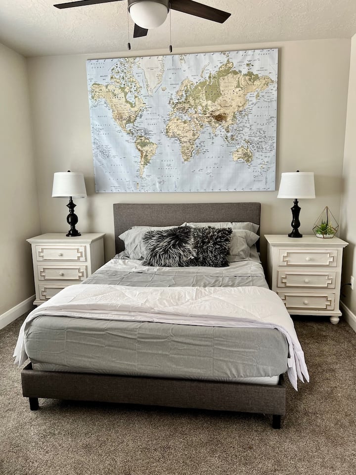 This is the office bedroom.  The barn doors close for moderate privacy.  There used to be a sofa sleeper in here, but we took it out and replaced it with a queen bed & night stands.