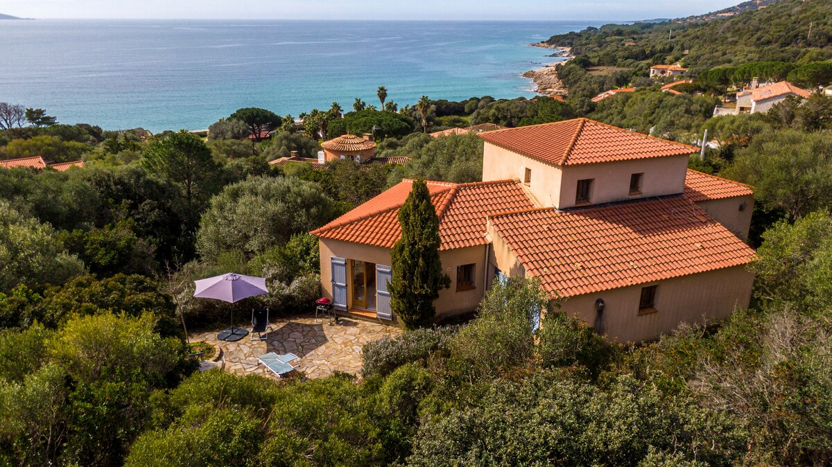 A spacious villa is surrounded by lush greenery, with a terracotta roof and large windows offering views of the sea. A patio features a sunbed and an umbrella, enhancing outdoor relaxation while the coastline is visible in the background.