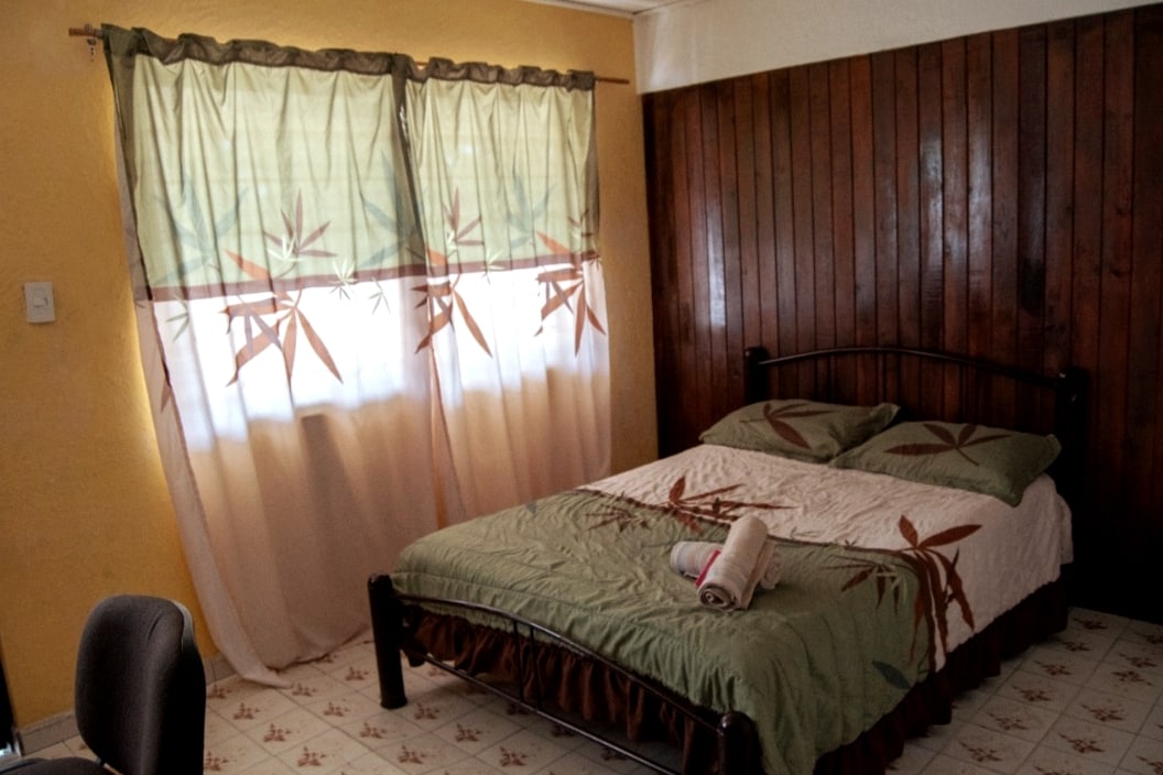 A simple bedroom features a spacious bed dressed in green and brown bedding. Natural light enters through two large windows with sheer, patterned curtains. A small desk and chair are positioned nearby, and wood paneling lines one wall, adding warmth to the space.