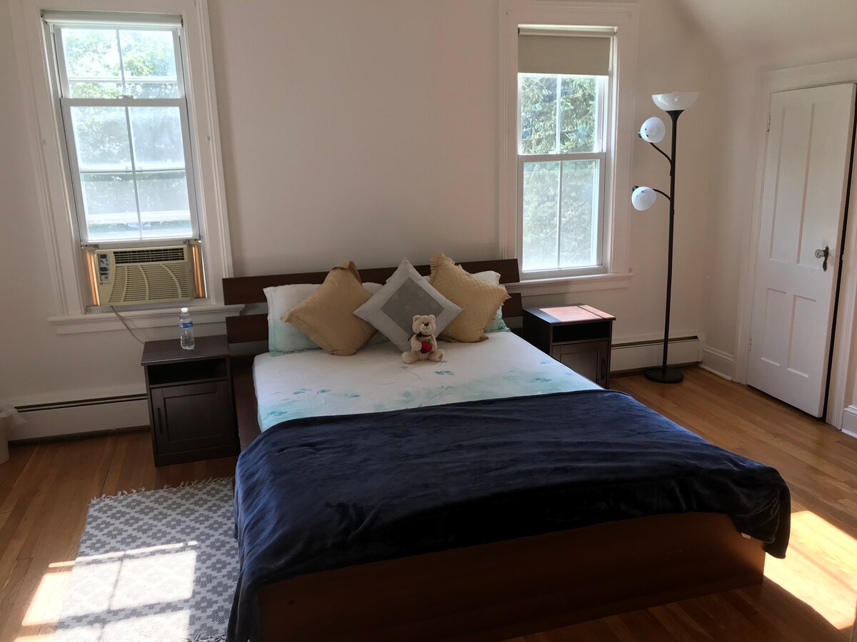 A spacious bedroom is furnished with a wooden bed featuring plush pillows and a decorative stuffed animal. Natural light enters through two windows, with an air conditioning unit mounted below one. A bedside table and lamp add functionality, complemented by a soft area rug underfoot.
