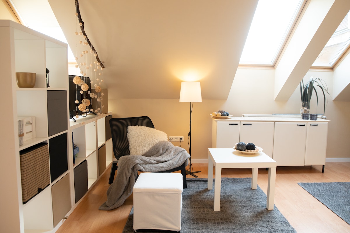 A spacious living area is illuminated by natural light from large skylights. A cozy chair is adorned with a soft throw, complemented by a small white table. Shelving units neatly display decorative items, while a minimalist kitchen area can be seen in the background.