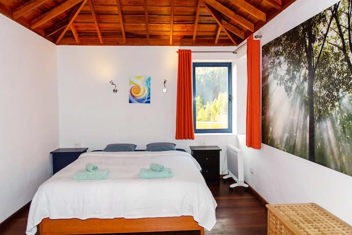 Appartement chambre à coucher avec un lit de 180 cm de large, salle de bain attenante et vue sur la forêt.