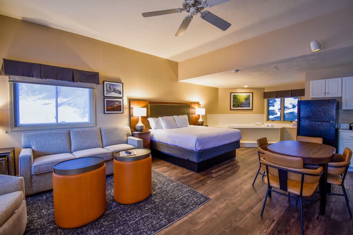 A spacious studio features a comfortable bed, sofa seating area, and a dining table. Large windows allow for natural light, and kitchen amenities are visible in the background. Subtle art pieces adorn the walls, enhancing the modern design and cozy atmosphere.