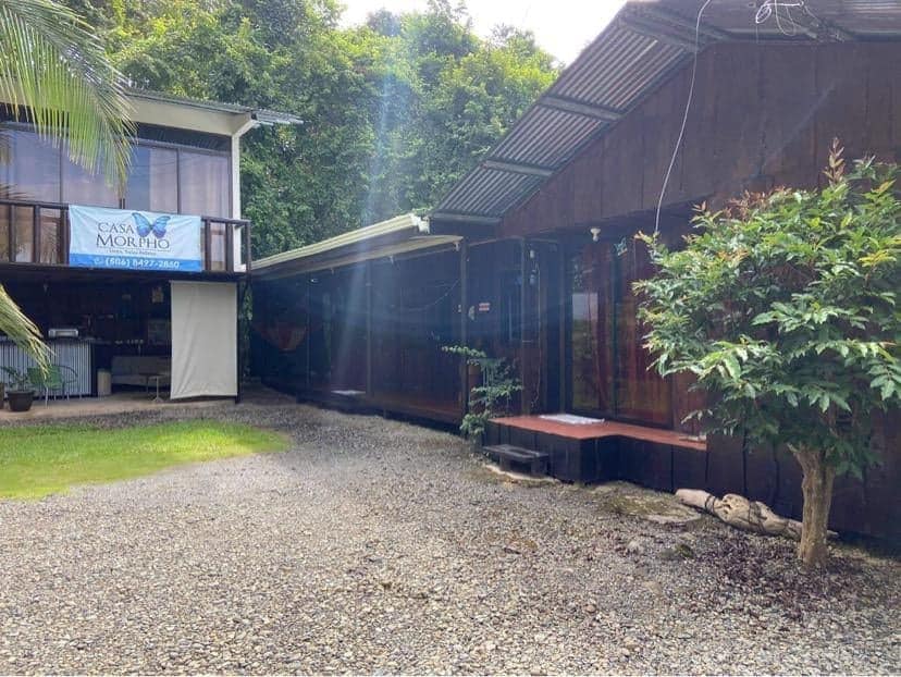 The exterior of En Casa Morpho is shown, featuring a gravel pathway leading to wooden structures surrounded by lush greenery. A sign is visible indicating the property name. The space includes outdoor seating and a covered area, suggesting a welcoming environment.