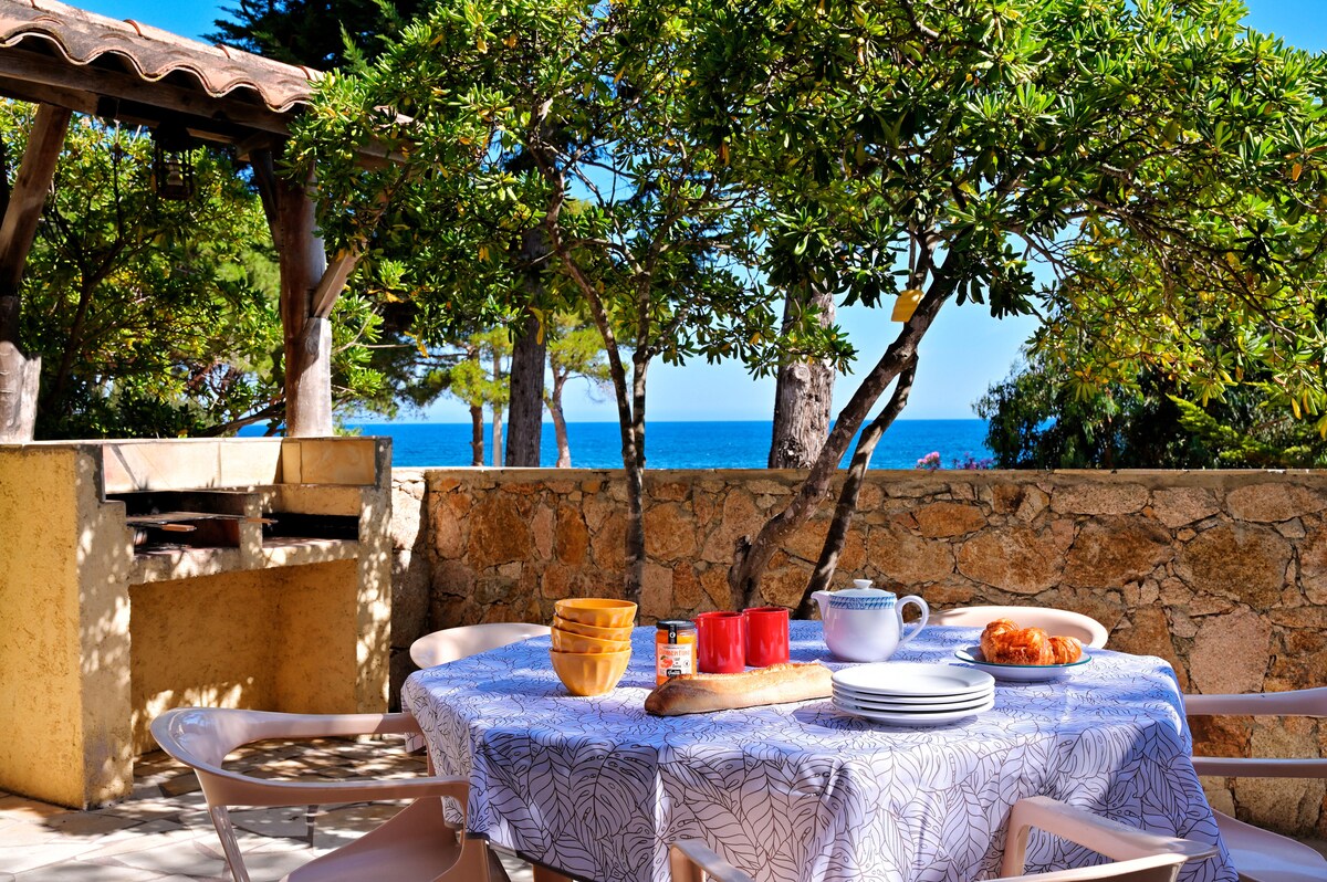 A dining table is set outside under a pergola, featuring colorful tableware and a plate of pastries. A barbecue area is visible alongside the table, with a view of the sea framed by trees in the background.