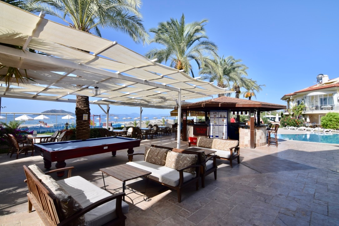 An outdoor lounge area features comfortable seating arrangements under a shaded pergola. A pool table is positioned nearby, while clear views of the pool and seaside create a relaxed atmosphere. Palm trees adorn the surrounding space, enhancing the tropical ambiance.