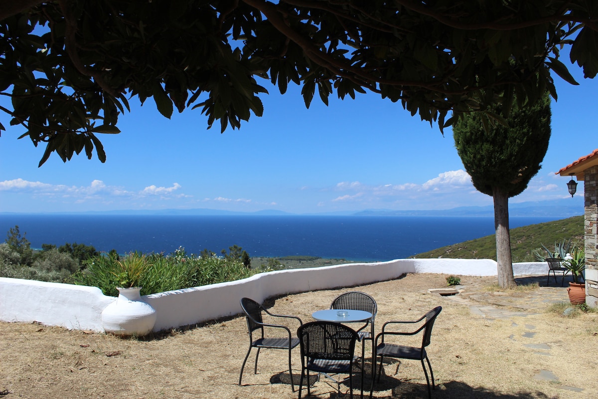 A dining area is situated under a shaded canopy, featuring a glass table surrounded by four black chairs. The view overlooks the sea, highlighting the deep blue water and distant mountains under a clear sky.