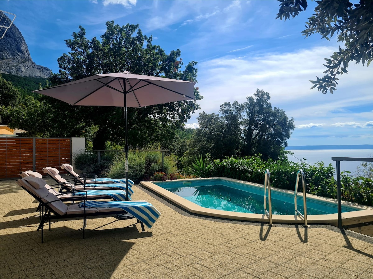 An outdoor pool is framed by sun loungers beneath a large umbrella. Lush greenery and trees surround the area, providing shade. The tranquil pool area offers scenic views of the sea and distant mountains, complemented by a paved patio for relaxation.