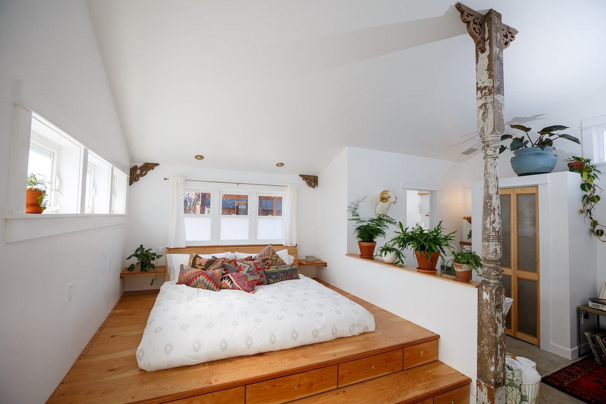 The spacious sleeping area features a low platform bed adorned with an array of colorful pillows and a soft comforter. Potted plants decorate the room, while natural light floods in through multiple upper windows, enhancing the bright and airy atmosphere.