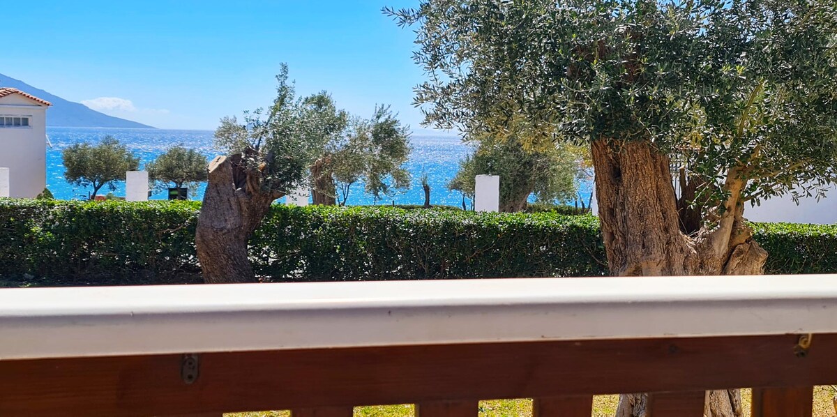 The view from the balcony showcases a serene sea shimmering under sunlight, framed by olive trees and neatly trimmed hedges. The distant outline of the coastline is visible, enhancing the connection to nature and the calming atmosphere.