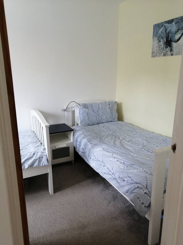 Twin beds in downstairs bedroom