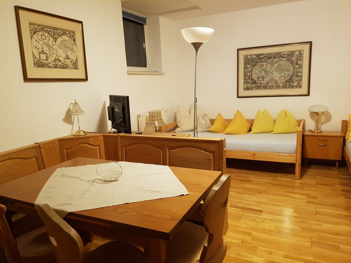 The cozy living area is furnished with a wooden dining table surrounded by light-colored chairs. A bright floor lamp provides illumination, while a television is positioned nearby. A spacious bed is accented with vibrant yellow cushions, and artwork adorns the walls.