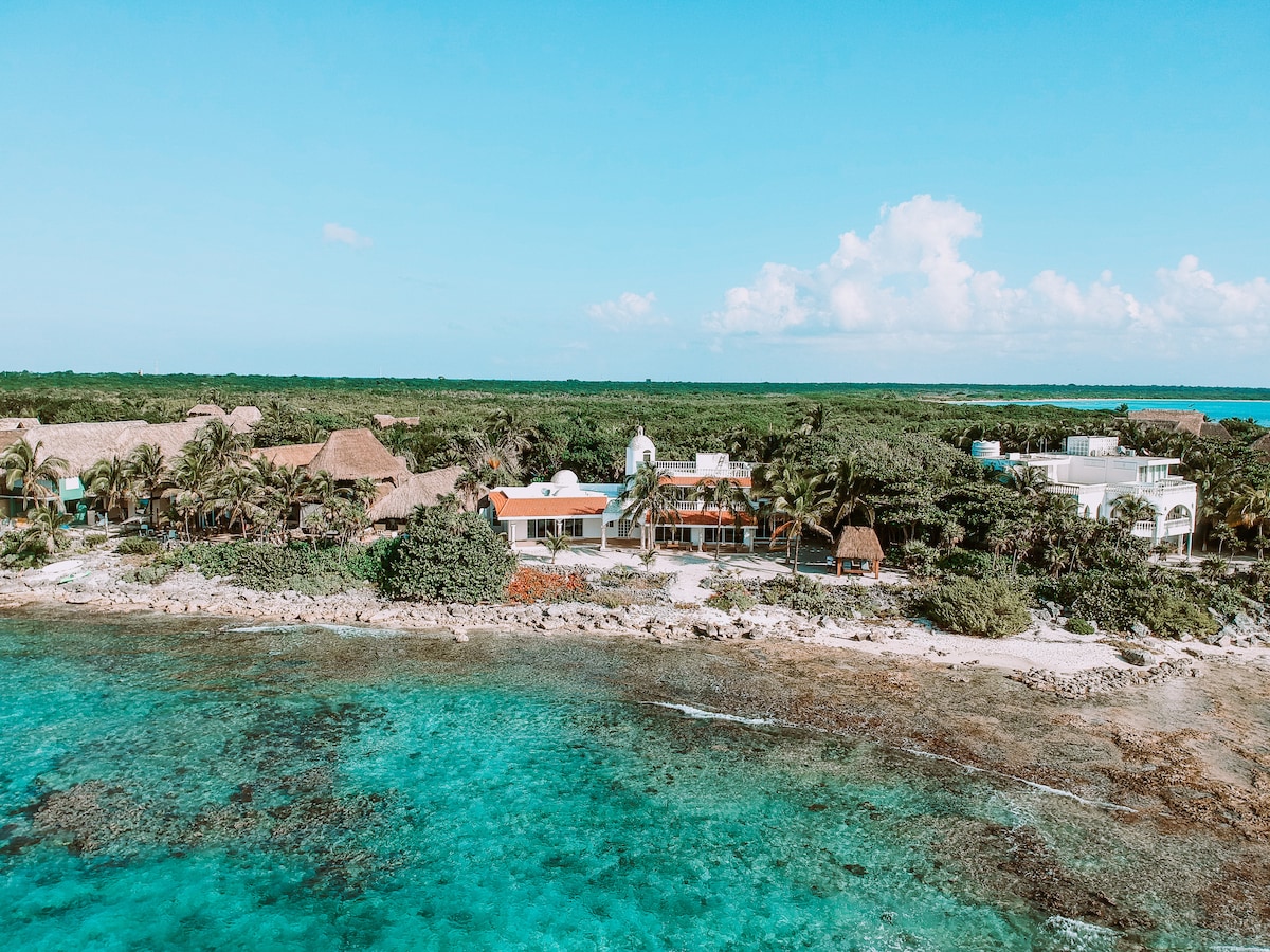 An aerial view captures the oceanfront home surrounded by lush greenery and the vibrant turquoise sea. The beach and rocky shoreline are visible, along with the thatched palapa structure, creating a harmonious blend of natural beauty and architecture.