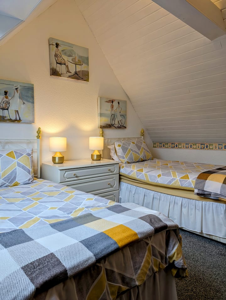 An upstairs bedroom containing two single beds