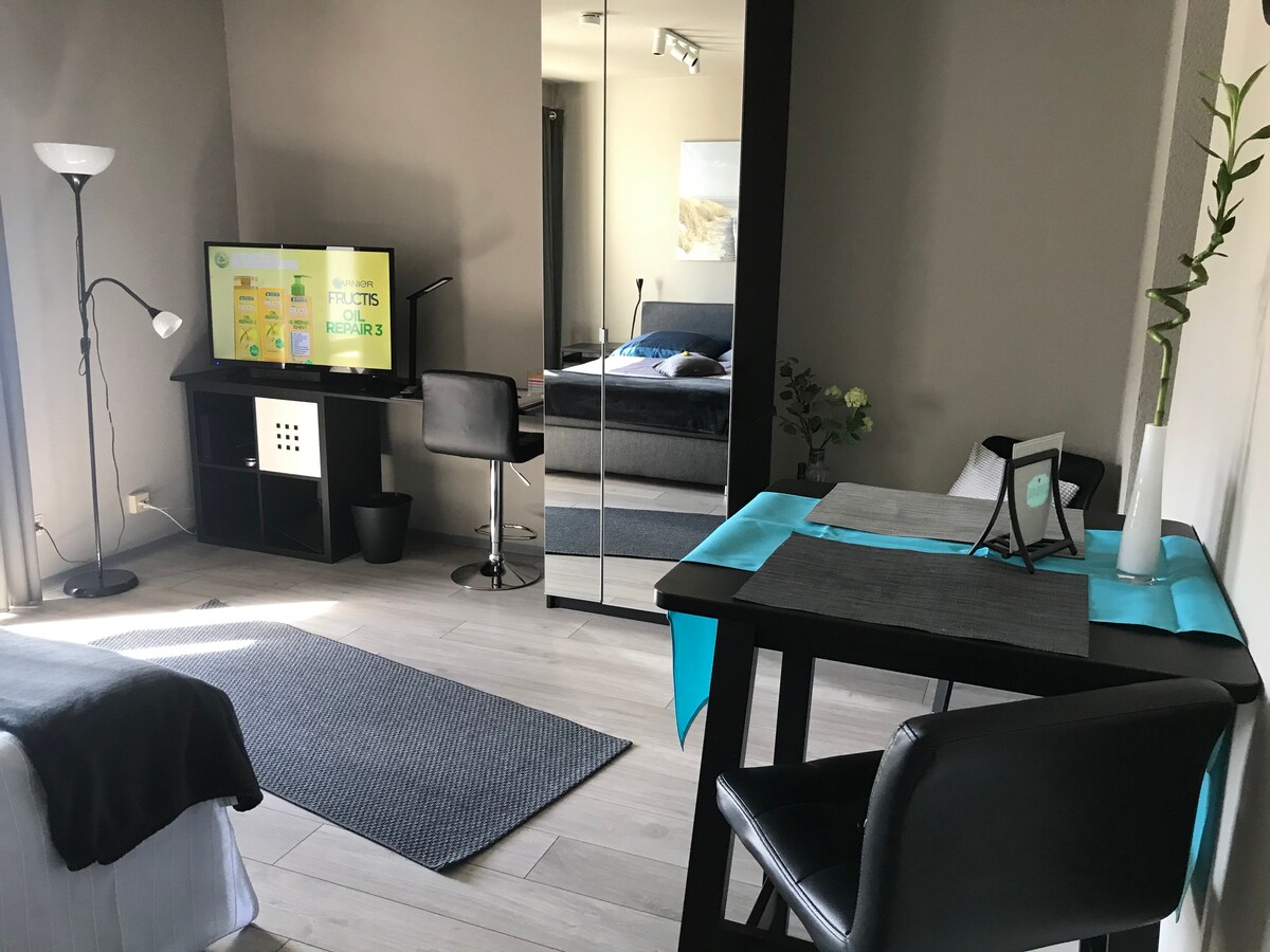 A modern studio apartment is presented with light wood flooring and neutral walls. A functional dining area features a small table and two chairs, while a cozy bed is visible in the background. A television is mounted on the wall, and a floor lamp provides additional lighting.