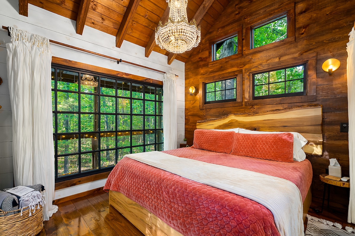 Sleep under a vintage German crystal chandelier. On a sunny day you may catch the sun gleaming through the crystals and casting prisms all over the room. 