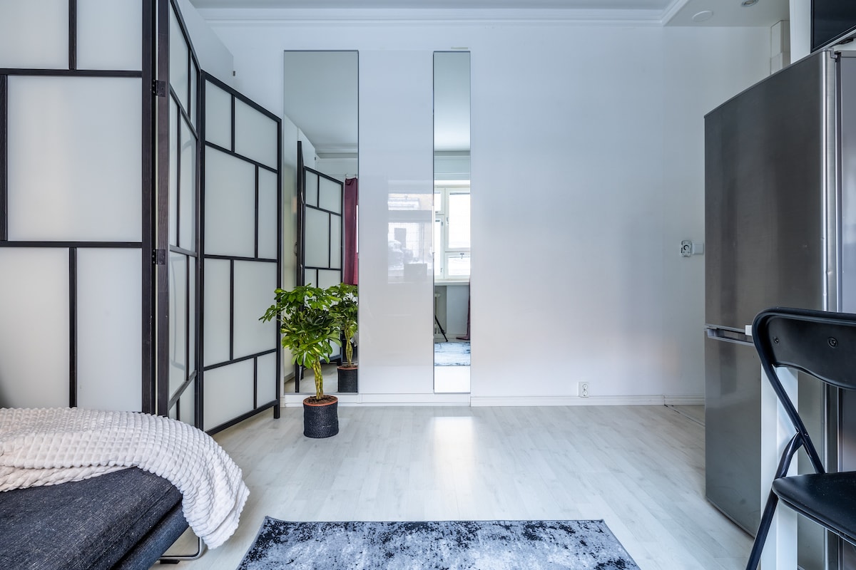 A bright studio space features light-colored flooring and walls, with a comfortable bed in the corner. A potted plant adds a touch of greenery, while a mirrored panel reflects natural light. The kitchen is equipped with stainless steel appliances, and a black chair is positioned for seating.