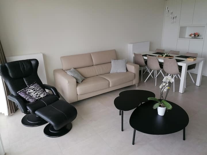 Vardagsrum med avkopplingsstol, sidobord och soffa som kan fällas ut till en dubbelsäng.