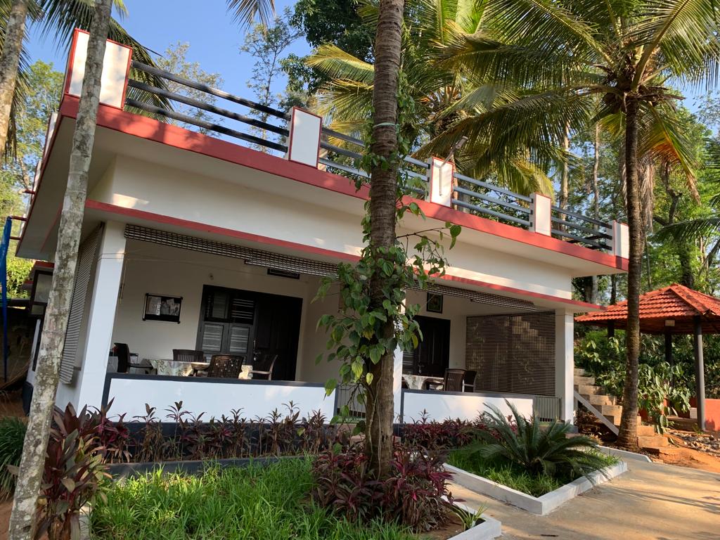 A newly constructed building stands surrounded by lush greenery and palm trees. A spacious outdoor terrace offers seating, while a shaded area nearby features a traditional roof. Vibrant landscaping enhances the inviting atmosphere of the estate.