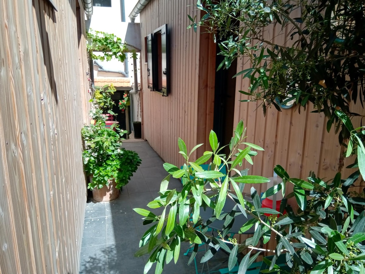 A narrow pathway is lined with wooden walls and features potted plants, creating a green atmosphere. The sunlight filters through the greenery, illuminating the walkway that leads to the entrance. Two wall-mounted panels are visible, adding a modern touch to the rustic setting.