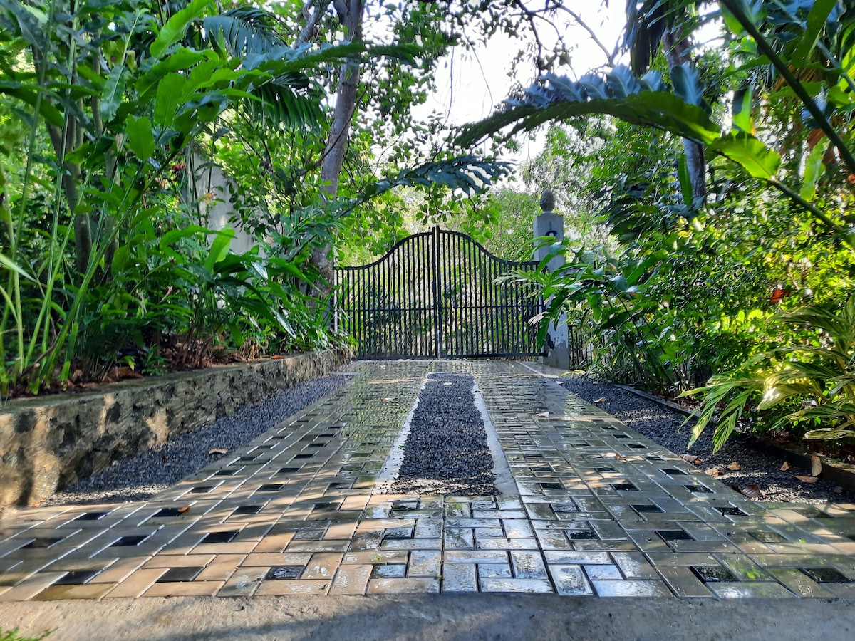 A serene pathway of tiled stones leads towards a wrought iron gate, framed by lush greenery. The surroundings include various plants and trees, creating a tranquil entrance that invites exploration of the natural environment.