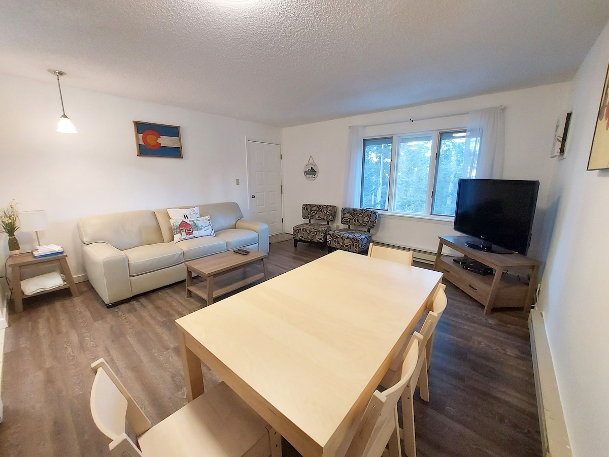 A spacious living area includes a comfortable sofa, two patterned chairs, and a flat-screen TV. A light wood dining table with six chairs is positioned nearby. Natural light streams in through the large window, and decorative art adds a subtle touch to the walls.
