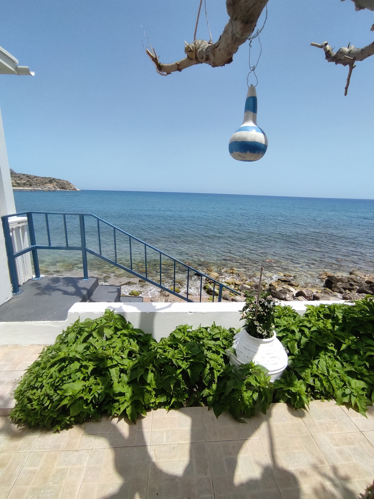 A serene coastal view is displayed, featuring calm blue waters just steps away. A stairway leads down to the rocky shoreline. Lush greenery lines the foreground, while a decorative hanging element adds a vibrant touch under the clear sky.