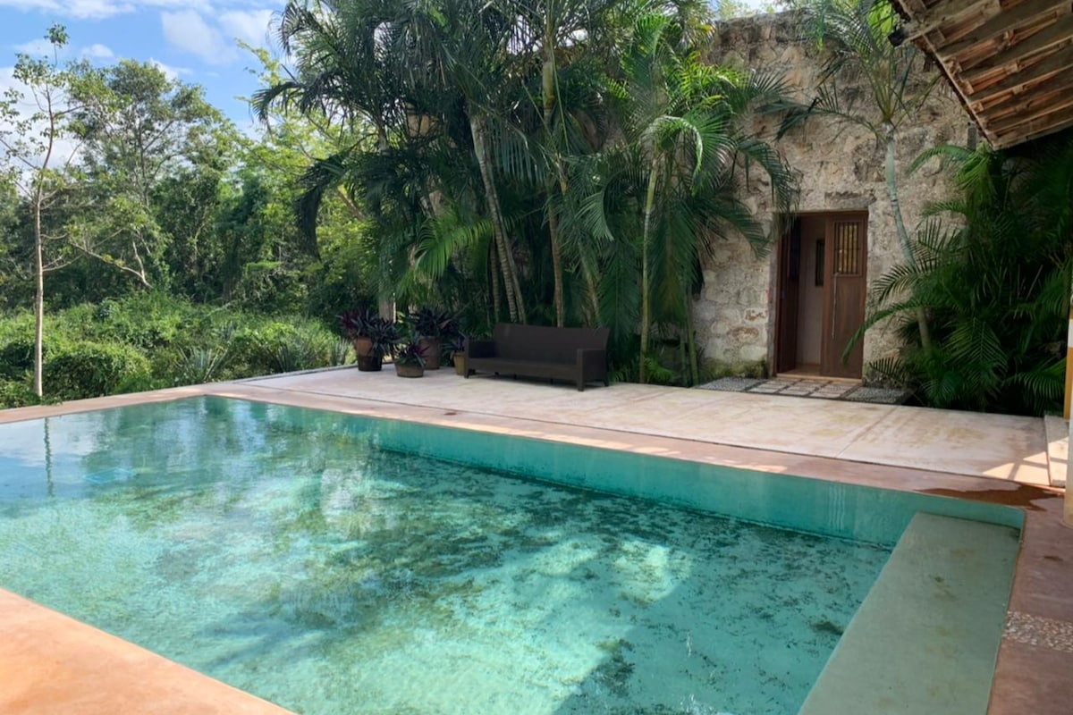 A serene outdoor area features a tranquil swimming pool, surrounded by lush greenery and tropical plants. A stone wall provides a rustic backdrop, with a shaded seating area visible in the distance. The space is inviting and open, blending with the natural surroundings.