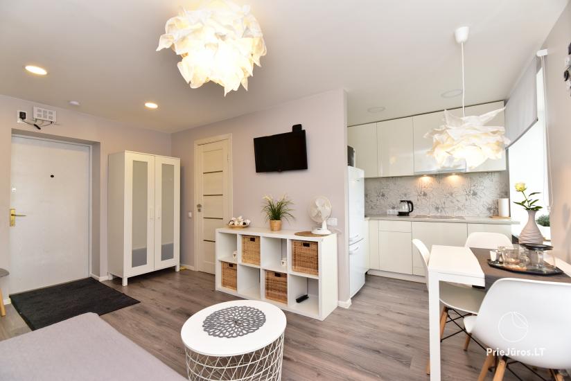 An open living area features modern furnishings and a neutral color palette. A dining table with chairs is positioned near the kitchenette. A stylish light fixture hangs from the ceiling, while a television is mounted on the wall, adding functionality to the space.