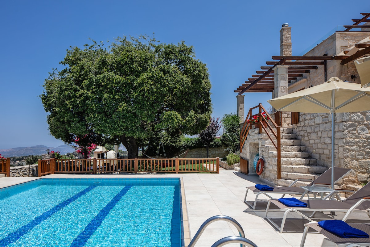 The outdoor area features a private swimming pool surrounded by sun loungers and umbrellas. A large tree offers shade, while the villa's stone façade is visible in the background. Steps lead to the terrace, providing easy access to the garden and stunning views.