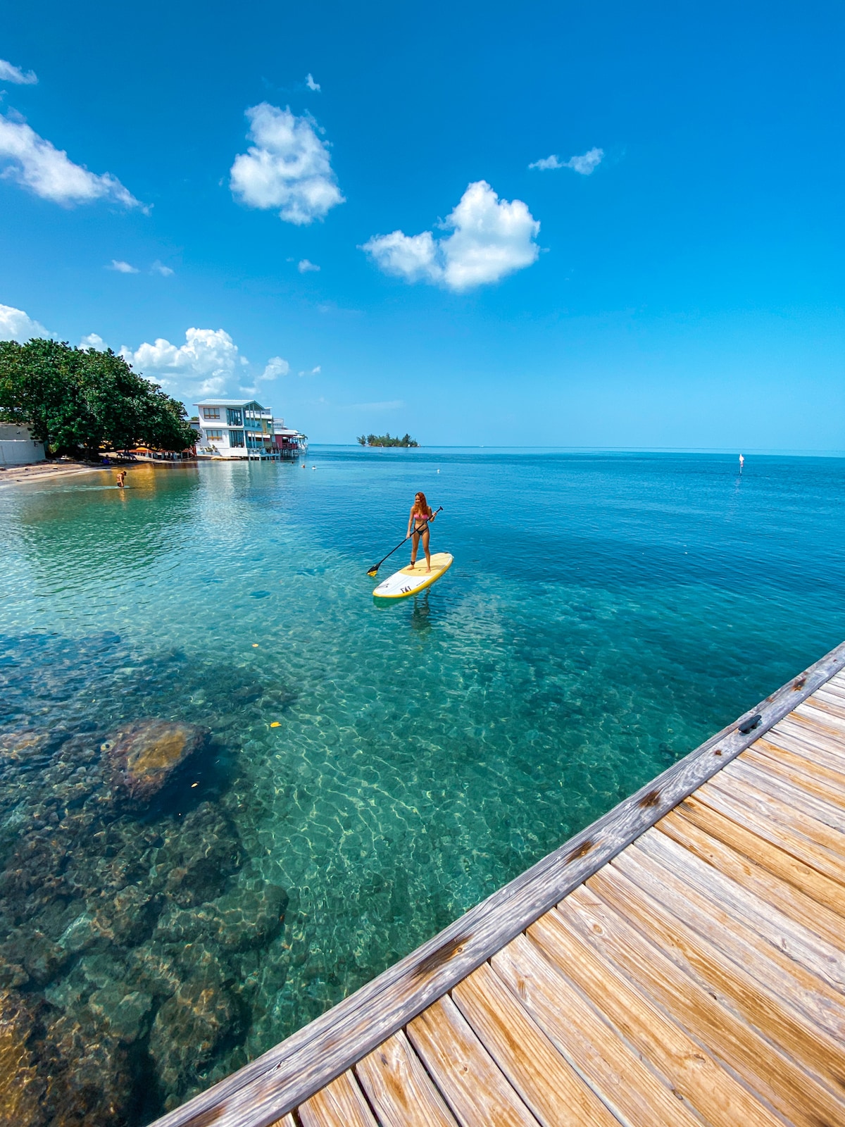 A paddleboarder glides effortlessly across calm, clear waters, surrounded by a serene natural setting. A wooden dock extends into the scene, leading toward sandy shores and lush greenery in the background under a bright blue sky with scattered clouds.