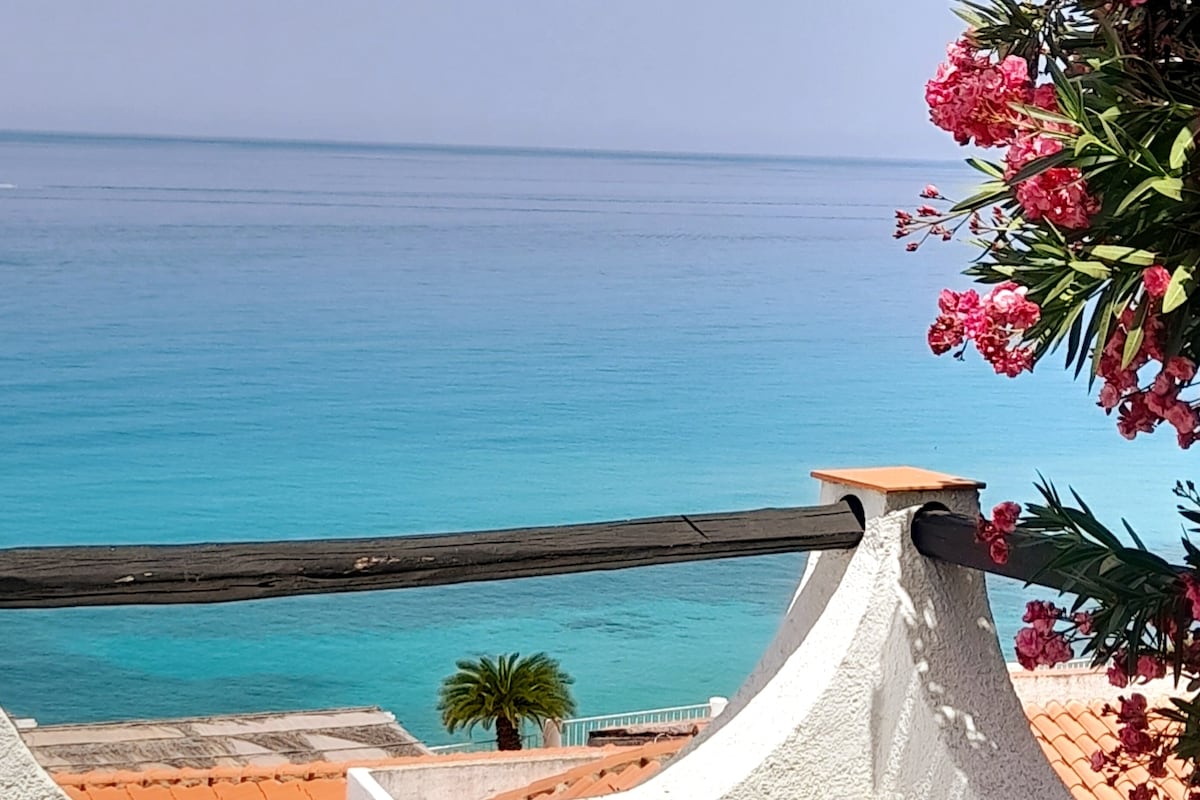 A panoramic view of a vibrant blue sea stretches to the horizon, framed by blooming pink flowers and rustic wooden beams. The scene captures the tranquility of coastal living with terracotta rooftops subtly visible in the foreground.