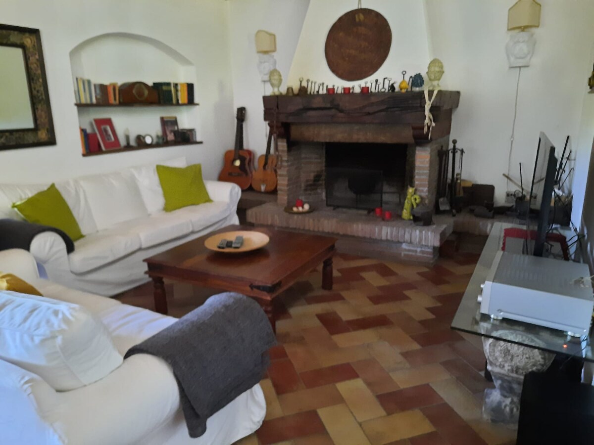 A comfortable living room features two white sofas with colorful cushions. A wooden coffee table rests on a tiled floor. A rustic fireplace, surrounded by shelves and decorations, dominates one wall. Musical instruments are displayed, adding an artistic touch to the inviting space.