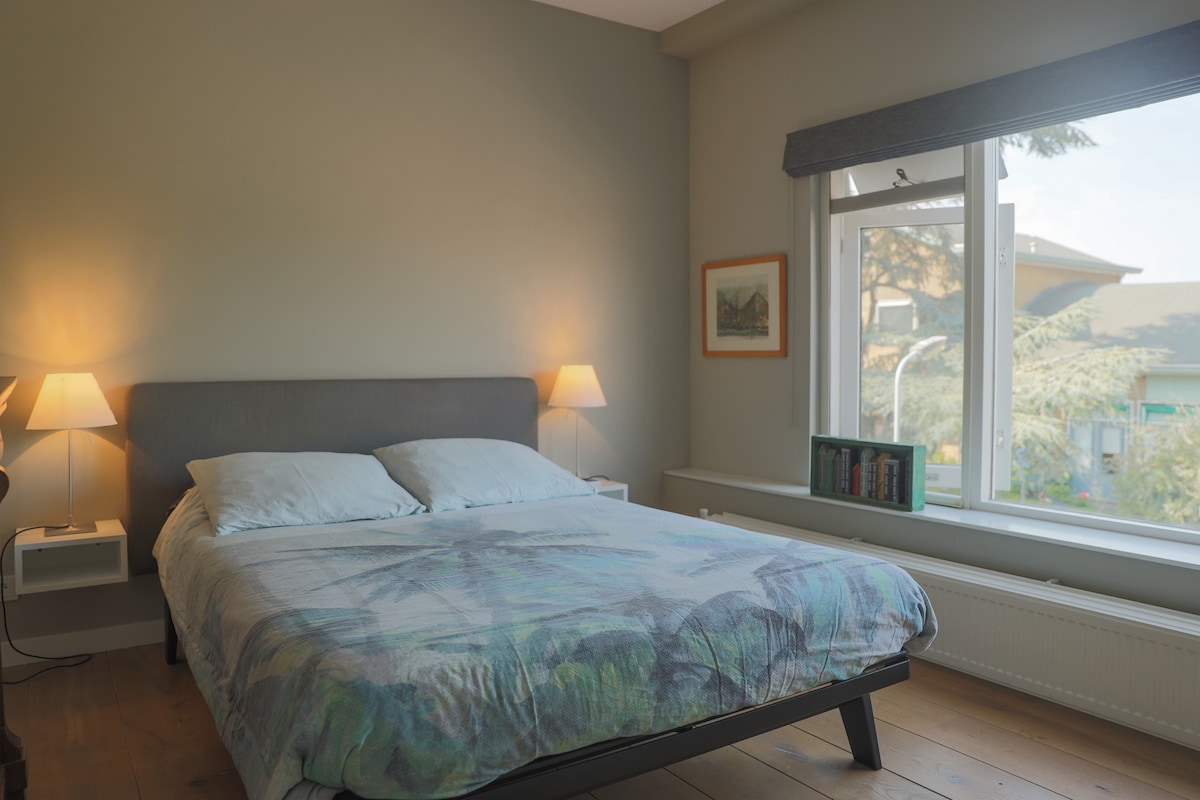 A cozy bedroom features a spacious bed with soft linens and two bedside lamps providing gentle illumination. A large window allows natural light to fill the room, while a small bookshelf can be seen beneath it. Neutral wall colors create a calming atmosphere.