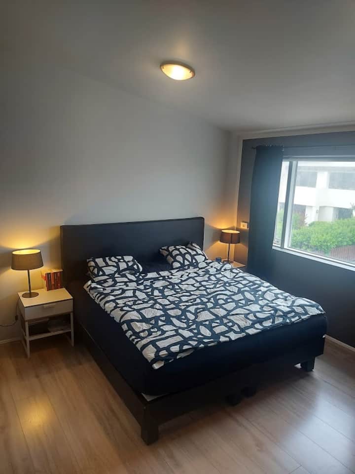 חדר שינה ראשי עם מזרן קינג סייז קשיח.