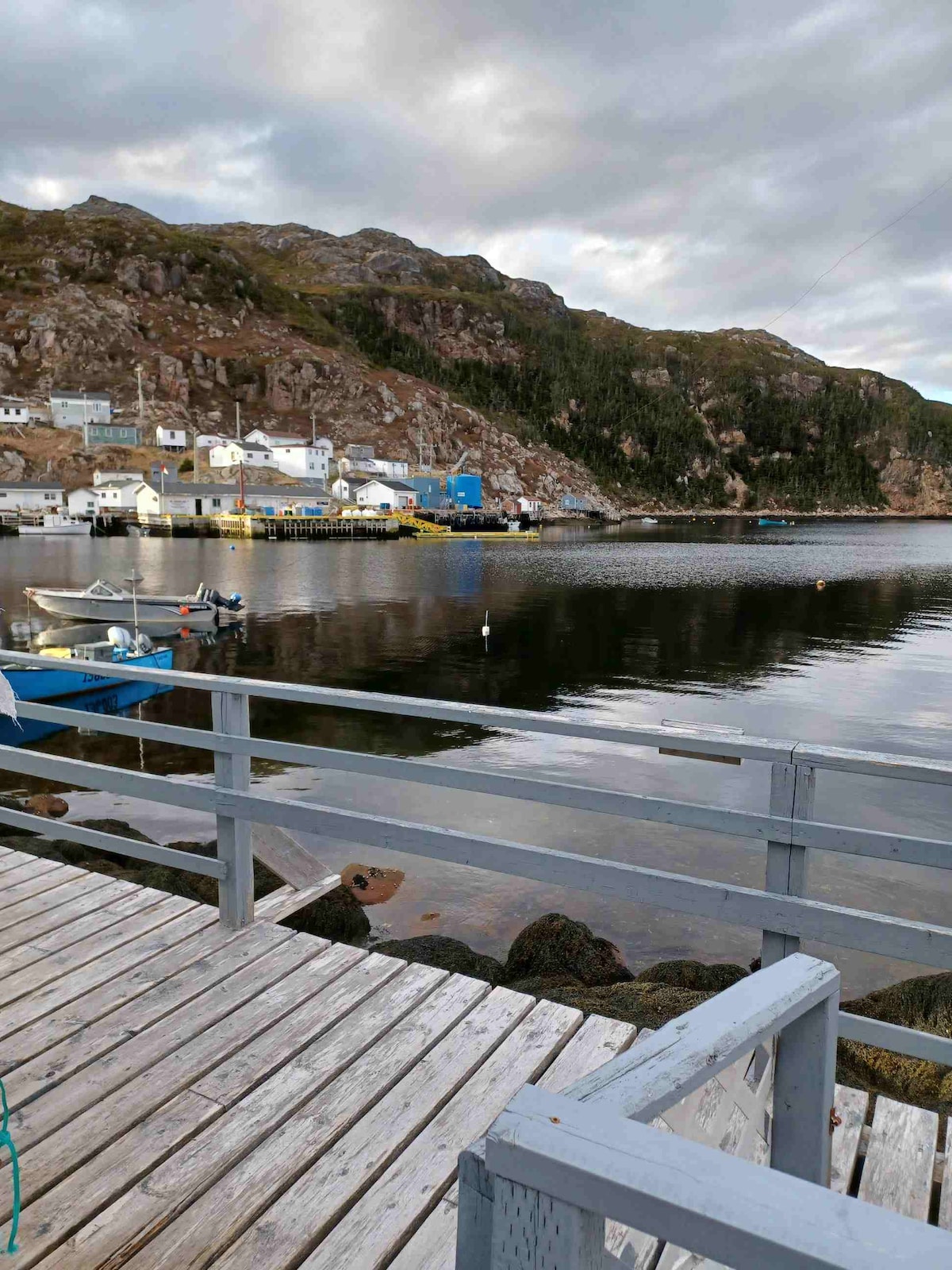 A serene waterfront view showcases a calm bay reflecting the colorful buildings of the fishing community. A wooden boardwalk extends into the water, bordered by small boats anchored nearby. Lush mountains rise in the background, providing a picturesque setting.