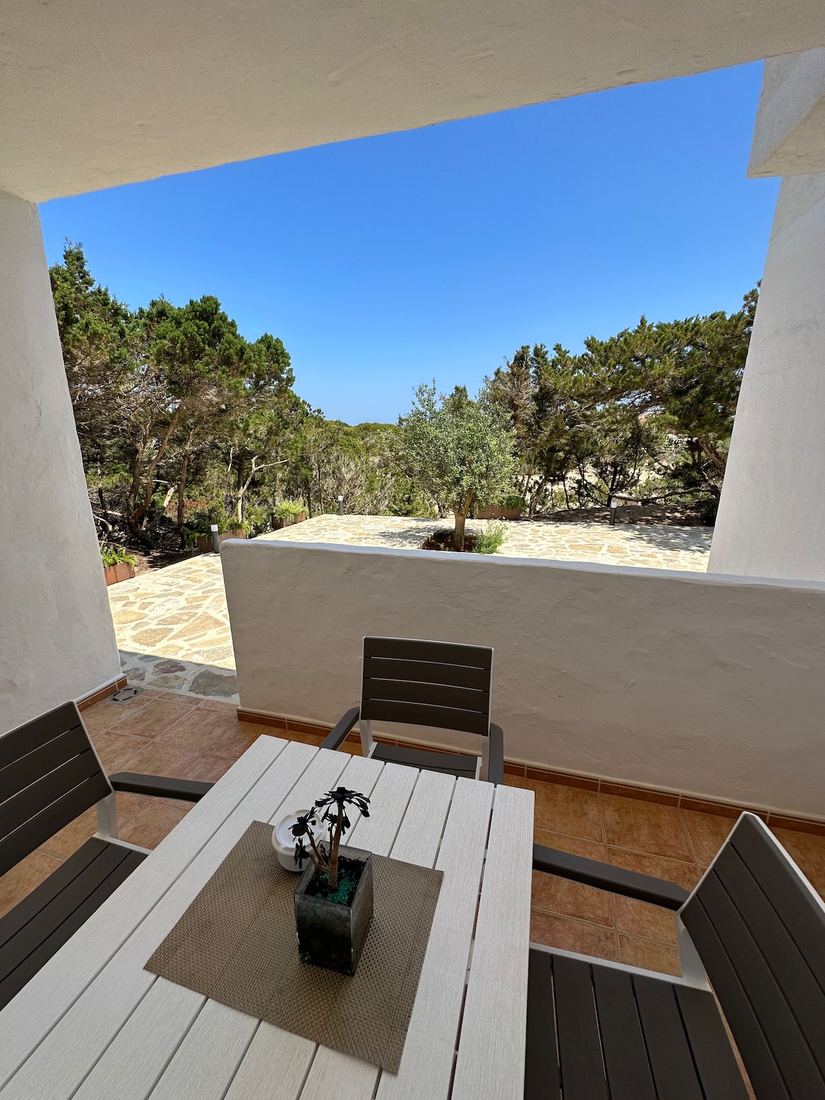 A dining area is visible on the terrace, featuring a white rectangular table surrounded by four dark chairs. The area is framed by low walls and offers a view of trees and a clear blue sky, enhancing the serene outdoor setting.
