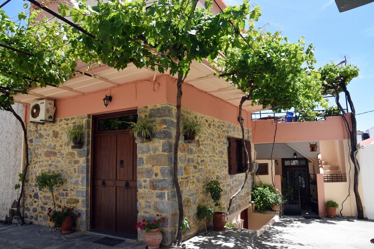 A charming two-level house features a stone facade complemented by pastel-colored walls. Lush greenery frames the entrance, with potted plants positioned alongside the door. A terrace can be seen above, hinting at outdoor seating, while distinct entryways provide access to different parts of the home.