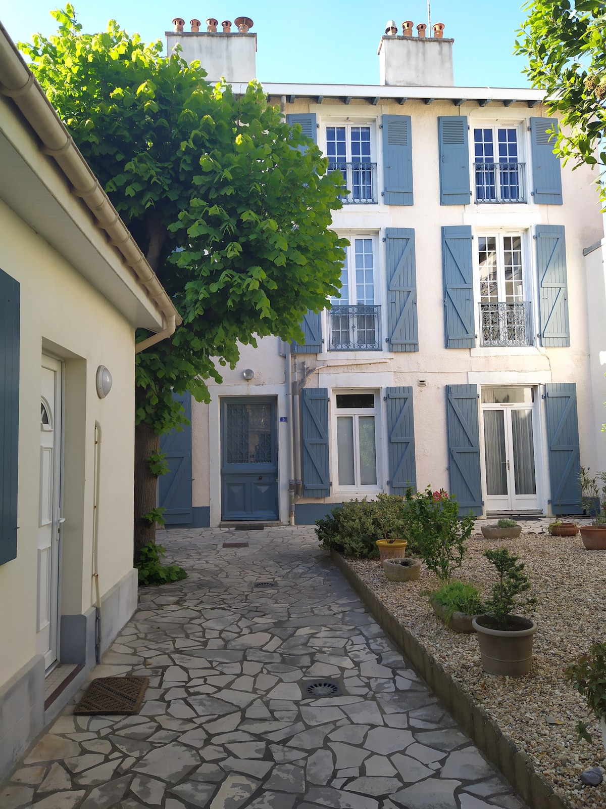The image captures a charming courtyard lined with attractive stone pathways. Two buildings are visible, showcasing light-colored exteriors and blue shutters. Lush greenery adds to the serene ambiance, while potted plants enhance the inviting outdoor space shared among residents.