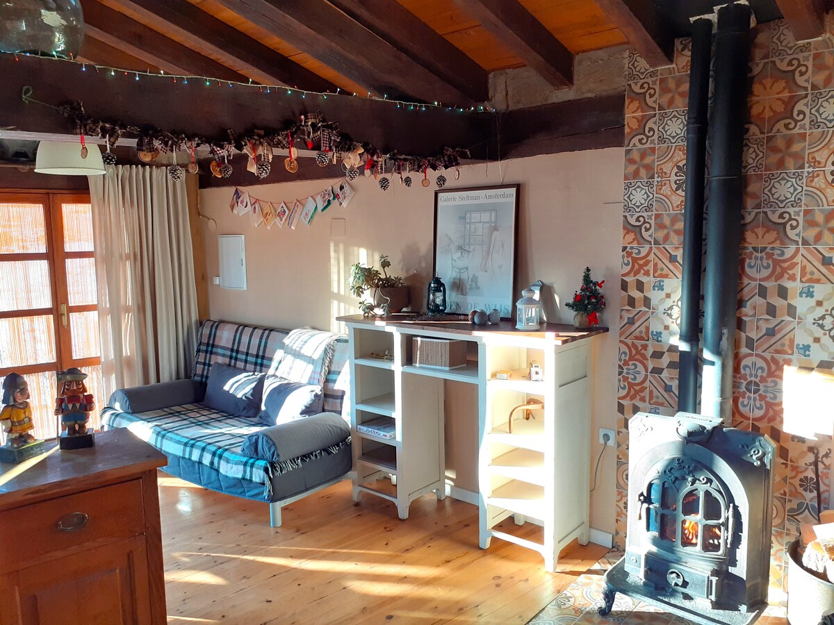 A welcoming living area features a plaid sofa beside a decorative wood-burning stove. A light-colored shelf displays various items, while a framed picture hangs on the wall. Soft natural light filters through the window, illuminating the wooden flooring and rustic decor.