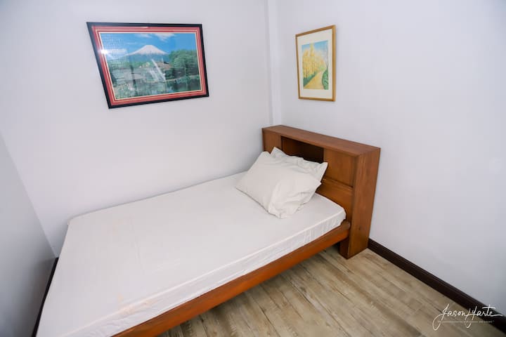 Room 203:
- 1 double size bed
- can put extra 1 mattress
- fan room
- shared bathroom at 2F
- Maximum capacity: 3pax