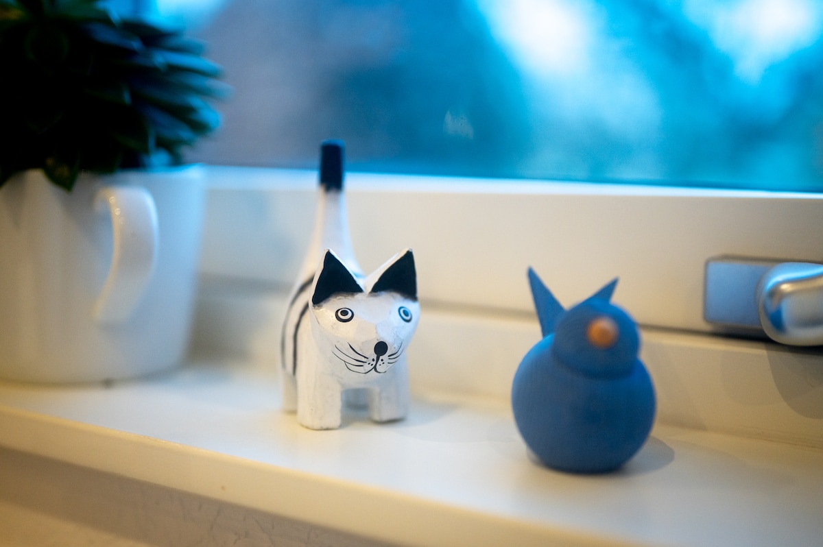A window sill features a small white ceramic cat figurine with black accents beside a blue bird figurine. A potted plant is also present, contributing to the overall arrangement against a backdrop of natural light filtering through the window.