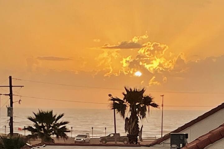 A stunning sunrise is captured over the Gulf, with rays of light emerging from behind soft clouds. Dark silhouettes of palm trees are visible in the foreground, creating a serene backdrop against the glowing horizon.
