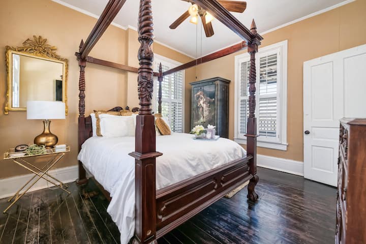 The Gold Room.  Comfortable queen size bed on the second floor with TV.