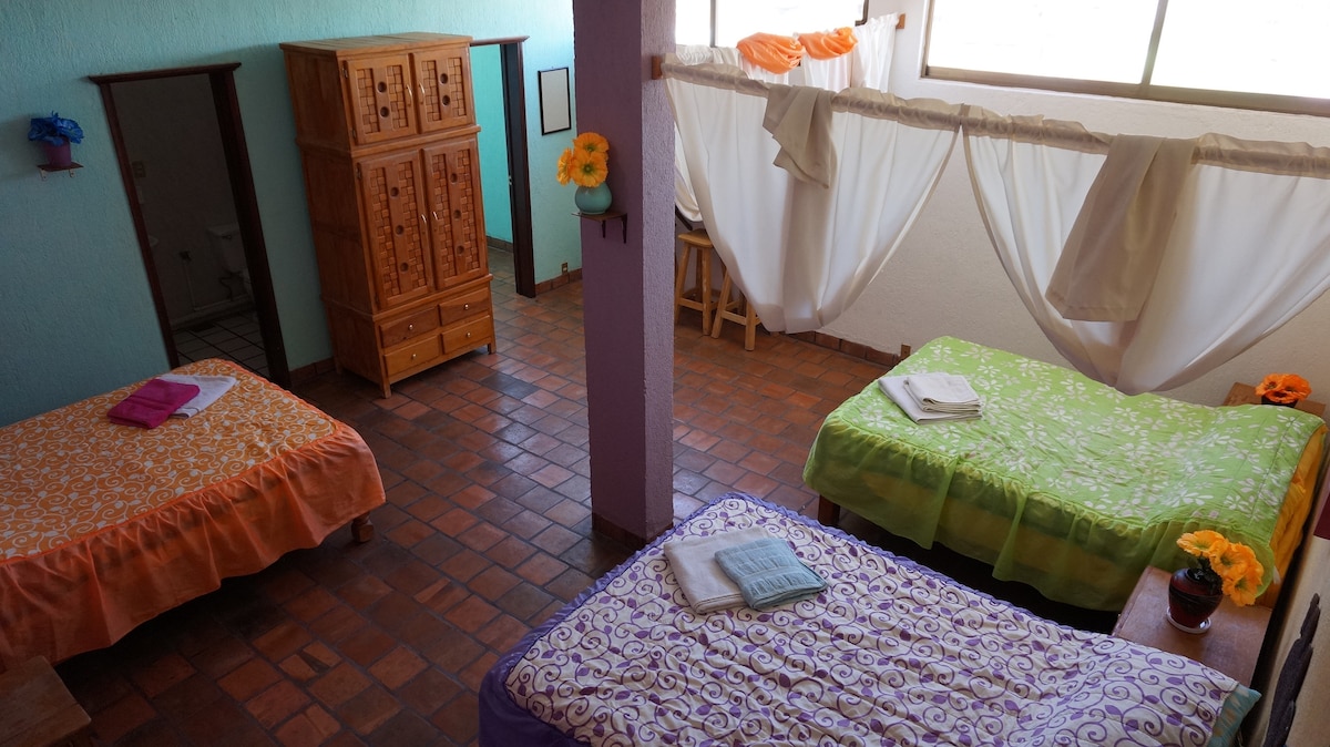 The spacious room features three matrimonial beds, each dressed with colorful bedding. A wooden wardrobe is positioned against the wall, and a pair of curtains separates one of the beds. Natural light filters in through a large window, creating a bright atmosphere.