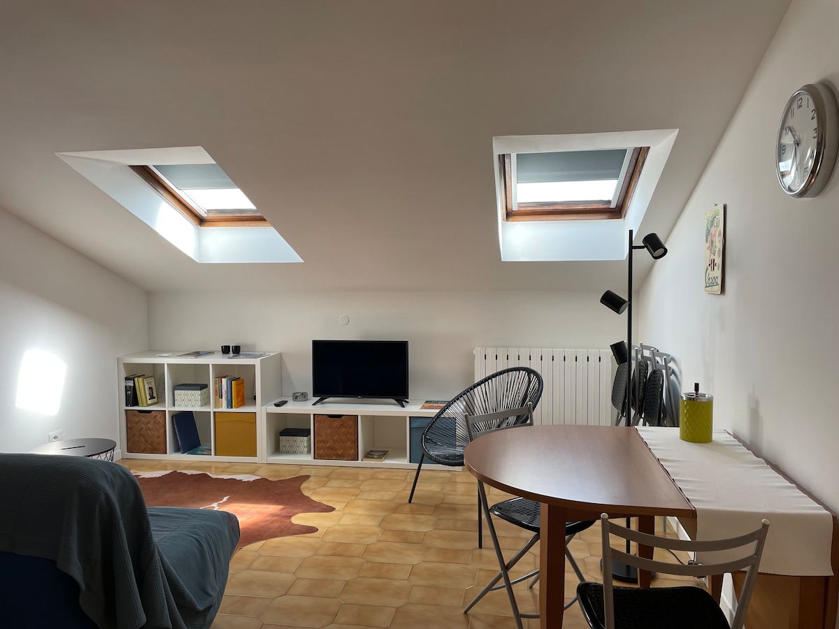 A bright living area is highlighted by two skylights allowing natural light to fill the space. A medium-sized table is accompanied by chairs, and a cozy seating area is present. A television is positioned on a media unit, enhancing the functional layout.
