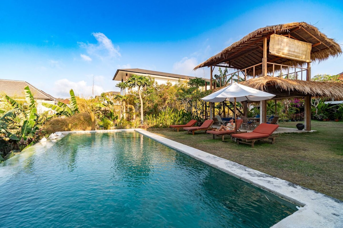 A serene swimming pool is surrounded by lush greenery, with two covered lounge areas featuring umbrellas. Several lounge chairs with cushions are positioned nearby on a grassy area, creating a calming outdoor space ideal for relaxation.