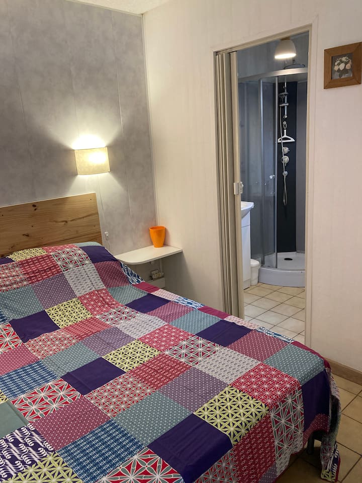 Habitación con cama para 2 personas con baño en acceso directo.