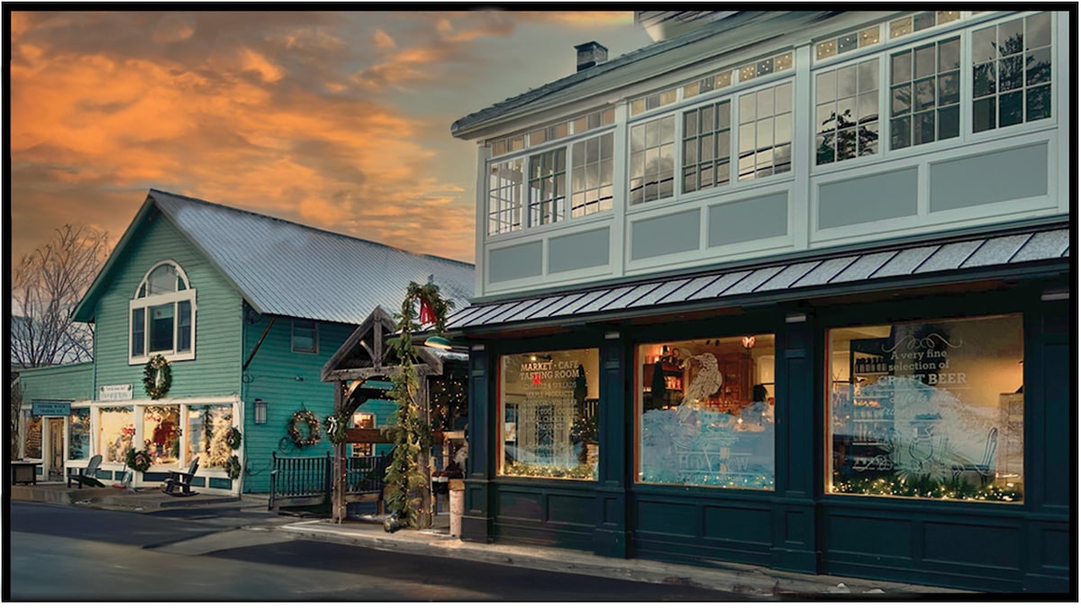 A charming streetscape is presented, featuring colorful buildings adorned with seasonal decorations. The storefront windows reflect warm lighting, while wreaths and festive accents enhance the inviting atmosphere. A gentle sunset adds a soft glow to the scene, creating a welcoming environment.