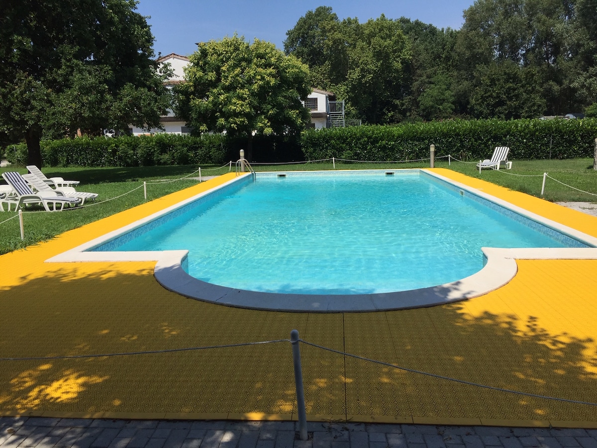 An outdoor pool is framed by a bright yellow deck, surrounded by greens and tall hedges. Several lounge chairs are placed alongside the pool, creating a space for relaxation. The clear blue water reflects the sunlight, offering an inviting atmosphere for swimming.